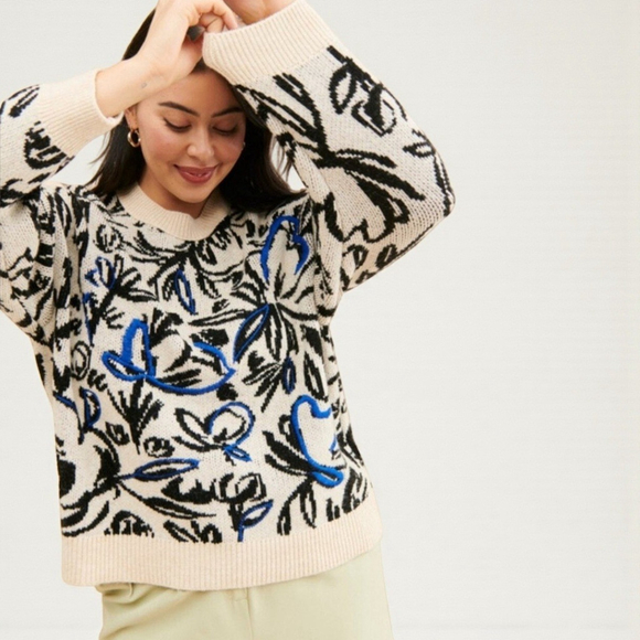 Anthropologie Sweaters - Anthropologie Floral Pop Embroidered Wool Blend Crewneck Sweater Sz S